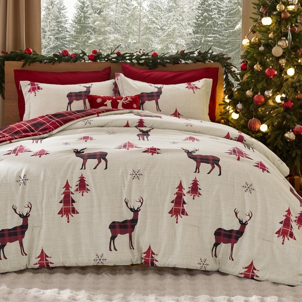 image:imageBedsure Christmas Comforter Set Queen Christmas Bed Set with Reindeer Soft Bedding for Holiday 3 Pieces 1 Reversible Buffalo Check Printed Comforter and 2 Pillow Shams01 Red Reindeer