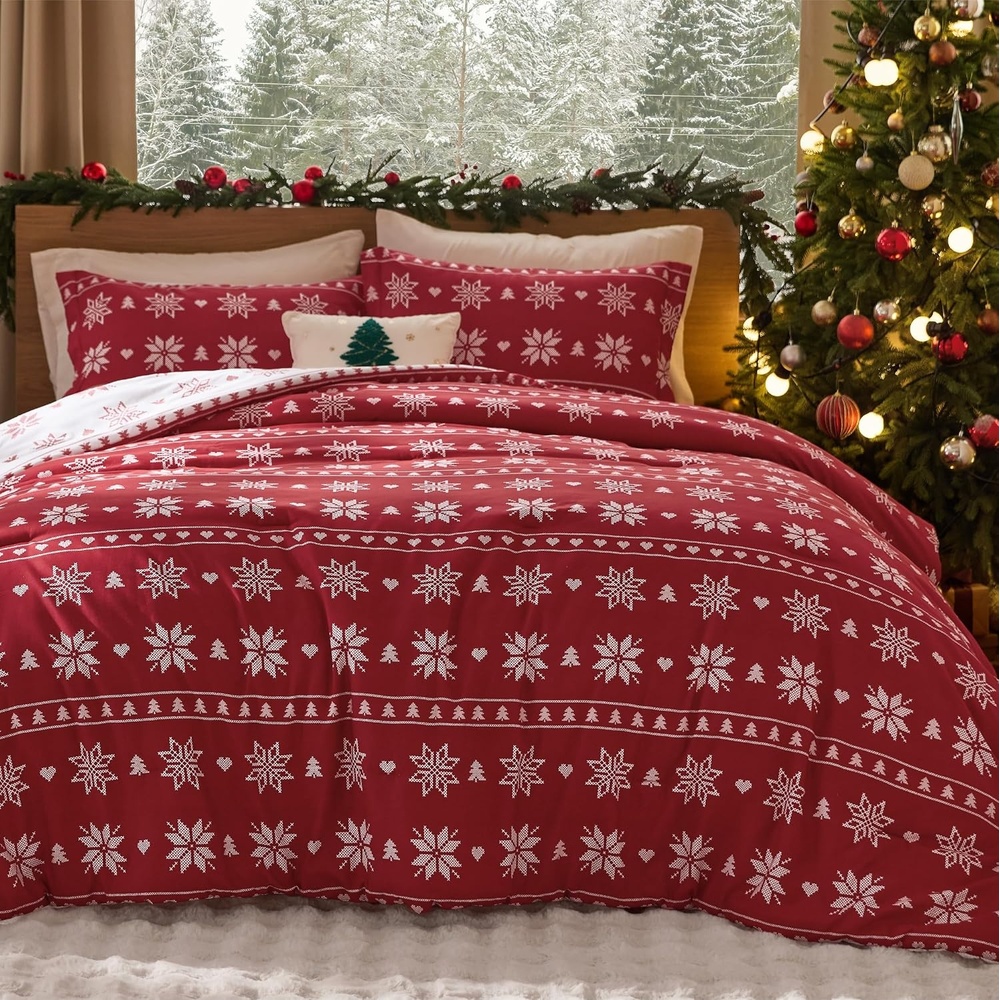 image:imageBedsure Christmas Comforter Set Queen Christmas Bed Set with Reindeer Soft Bedding for Holiday 3 Pieces 1 Reversible Buffalo Check Printed Comforter and 2 Pillow Shams02 Red Snowflake