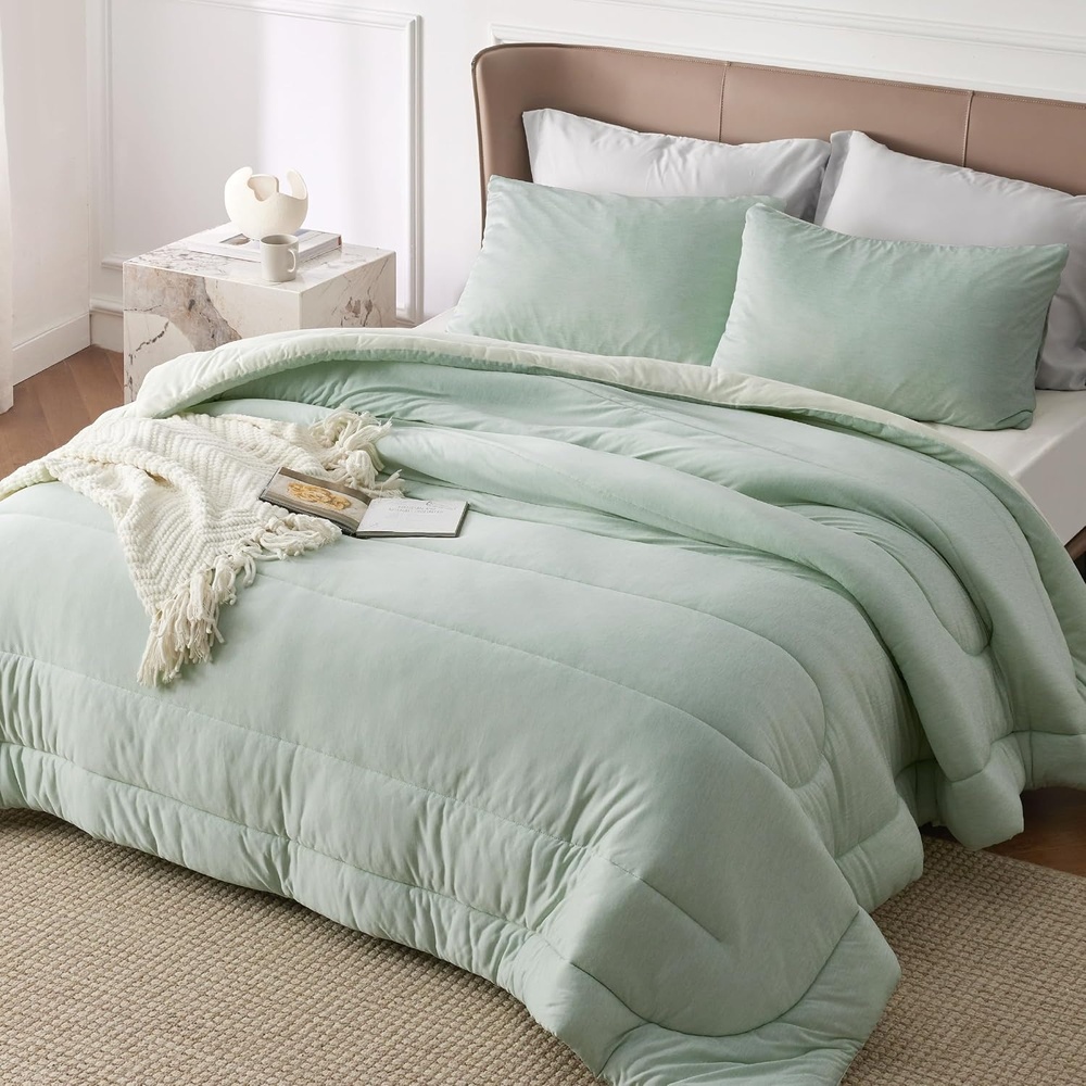 image:imageBedsure Cooling Comforter Queen Size Charcoal Black Reversible Comforter for Hot Sleepers amp Night Sweats All Season 3 Pieces 1 Soft Comforter 88x88 and 2 Pillow Cases 20x26Light Green