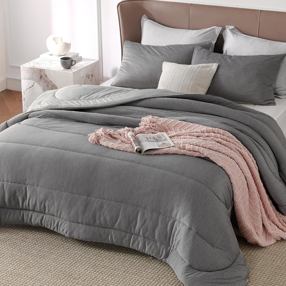 image:imageBedsure Cooling Comforter Queen Size Charcoal Black Reversible Comforter for Hot Sleepers amp Night Sweats All Season 3 Pieces 1 Soft Comforter 88x88 and 2 Pillow Cases 20x26Gray