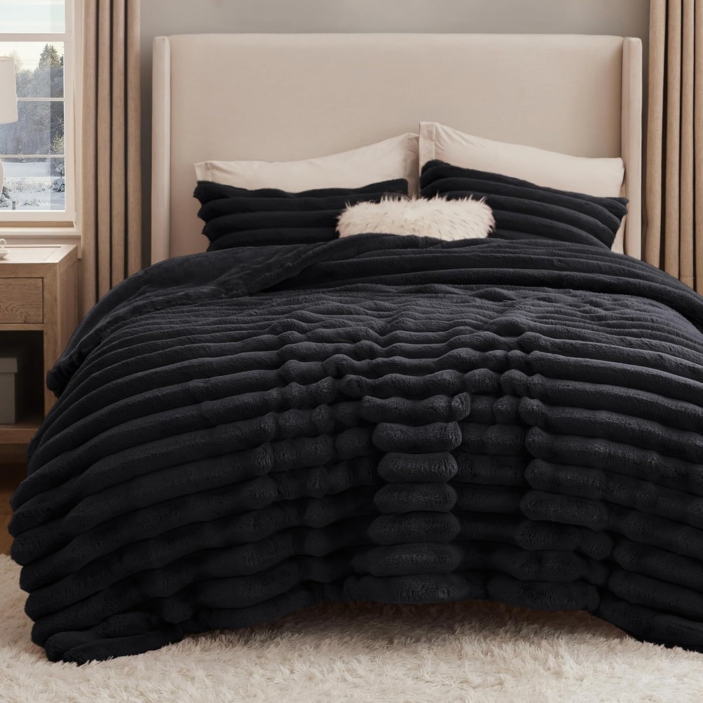 image:imageBedsure Faux Fur Queen Comforter Set Beige Fluffy Comforter Queen Size Soft and Cozy Shaggy Bedding Comforter Sets Winter Warm Luxury Fuzzy Bed Set 3 Pieces 1 Comforter and 2 Pillowcases03 Black
