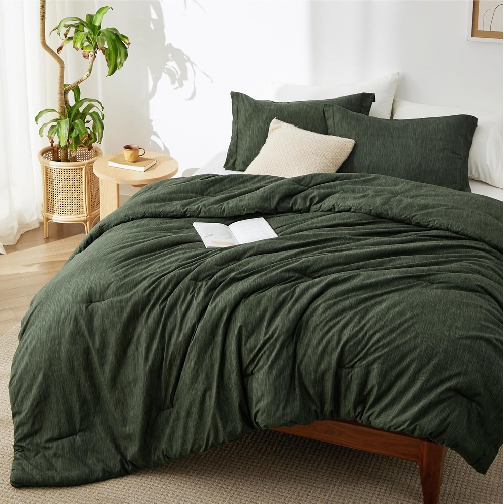 image:imageBedsure Grey Queen Comforter Set Soft Cationic Dyed Bedding Set 3 Pcs Breathable Comfortable for All Season SkinFriendly Melange Home Decor Gift Bed Set Cozy for Bedroom OEKO Modern02 Olive Green Melange