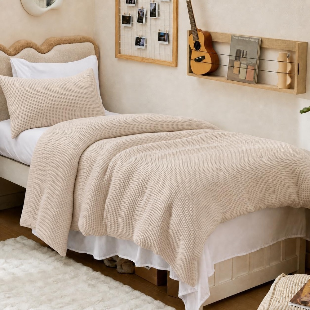 image:imageBedsure Oliver Green Queen Bedding Comforter Set Waffle Breathable Bedding Set All Season Comforter with 3 Pieces 1 Waffle Weave Comforter 90x90 and 2 Pillowcases 20x26Beige