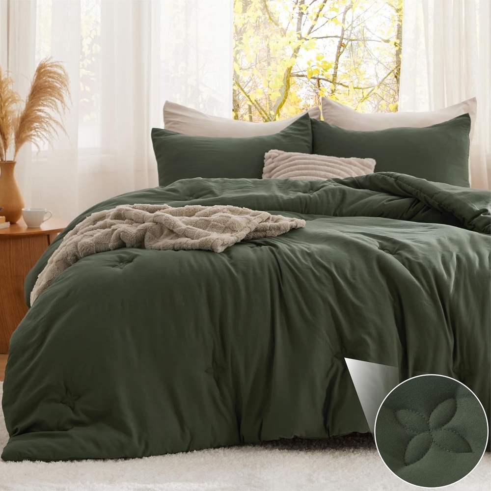 image:imageBedsure Queen Comforter Set Dark Grey Soft Prewashed Queen Size Bedding Quilted Comforter with Circle Design Down Alternative Comforter for All Seasons 3 Pieces Bed Set with 2 Pillow Shams03olive Greenclover