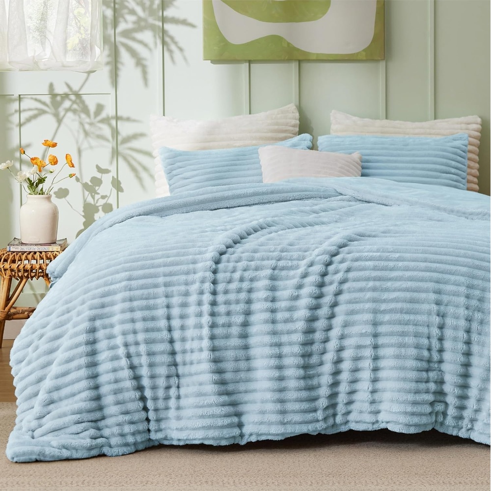 image:imageBedsure Queen Fluffy Comforter Set GentleSoft 3 Pieces Luxury Fleece Bed Olive Green Bedding Cozy Room Decor Aesthetic 1 Queen Bed Comforter 90x90 and 2 Pillowcases 20x2613 Light Blue