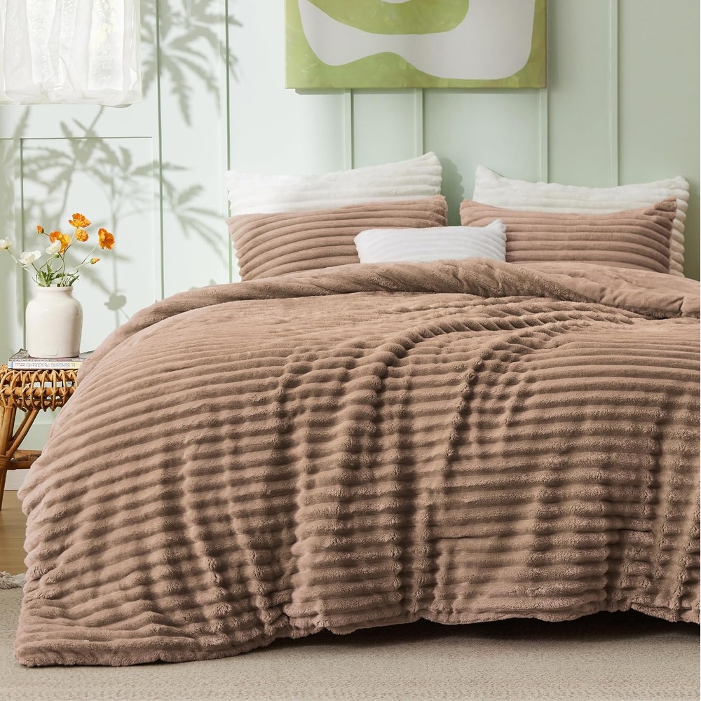 image:imageBedsure Queen Fluffy Comforter Set GentleSoft 3 Pieces Luxury Fleece Bed Olive Green Bedding Cozy Room Decor Aesthetic 1 Queen Bed Comforter 90x90 and 2 Pillowcases 20x2609 Warm Taupe