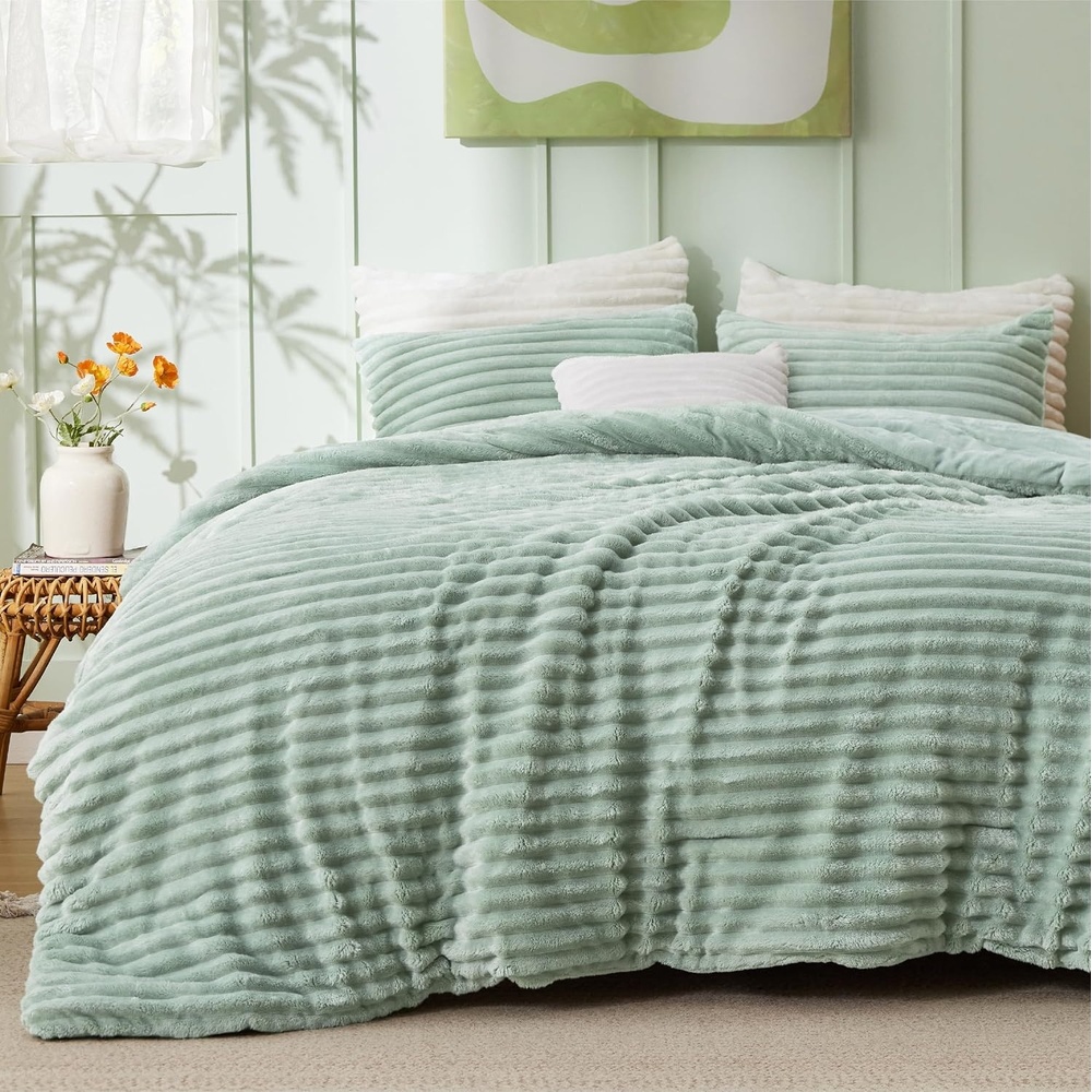 image:imageBedsure Queen Fluffy Comforter Set GentleSoft 3 Pieces Luxury Fleece Bed Olive Green Bedding Cozy Room Decor Aesthetic 1 Queen Bed Comforter 90x90 and 2 Pillowcases 20x2608 Sage Green