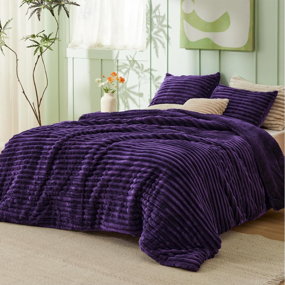 image:imageBedsure Queen Fluffy Comforter Set GentleSoft 3 Pieces Luxury Fleece Bed Olive Green Bedding Cozy Room Decor Aesthetic 1 Queen Bed Comforter 90x90 and 2 Pillowcases 20x2611 Purple