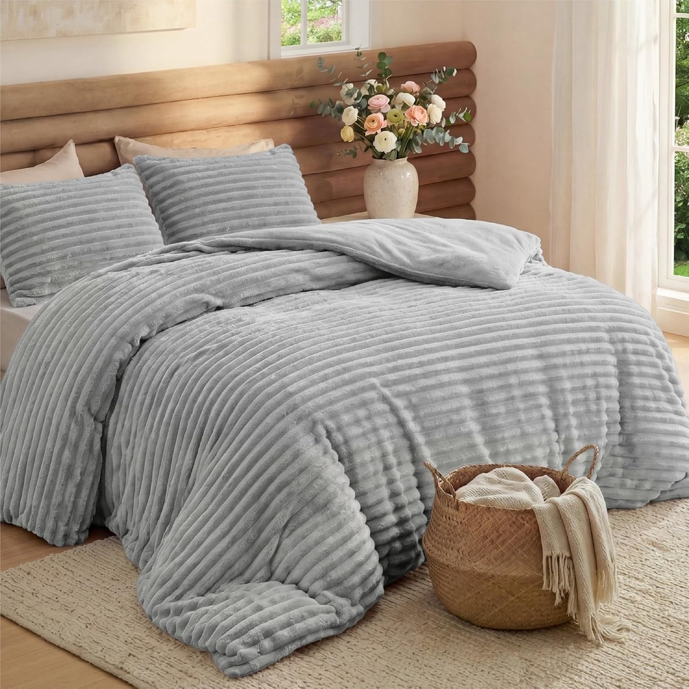 image:imageBedsure Queen Fluffy Comforter Set GentleSoft 3 Pieces Luxury Fleece Bed Olive Green Bedding Cozy Room Decor Aesthetic 1 Queen Bed Comforter 90x90 and 2 Pillowcases 20x2606 Light Grey