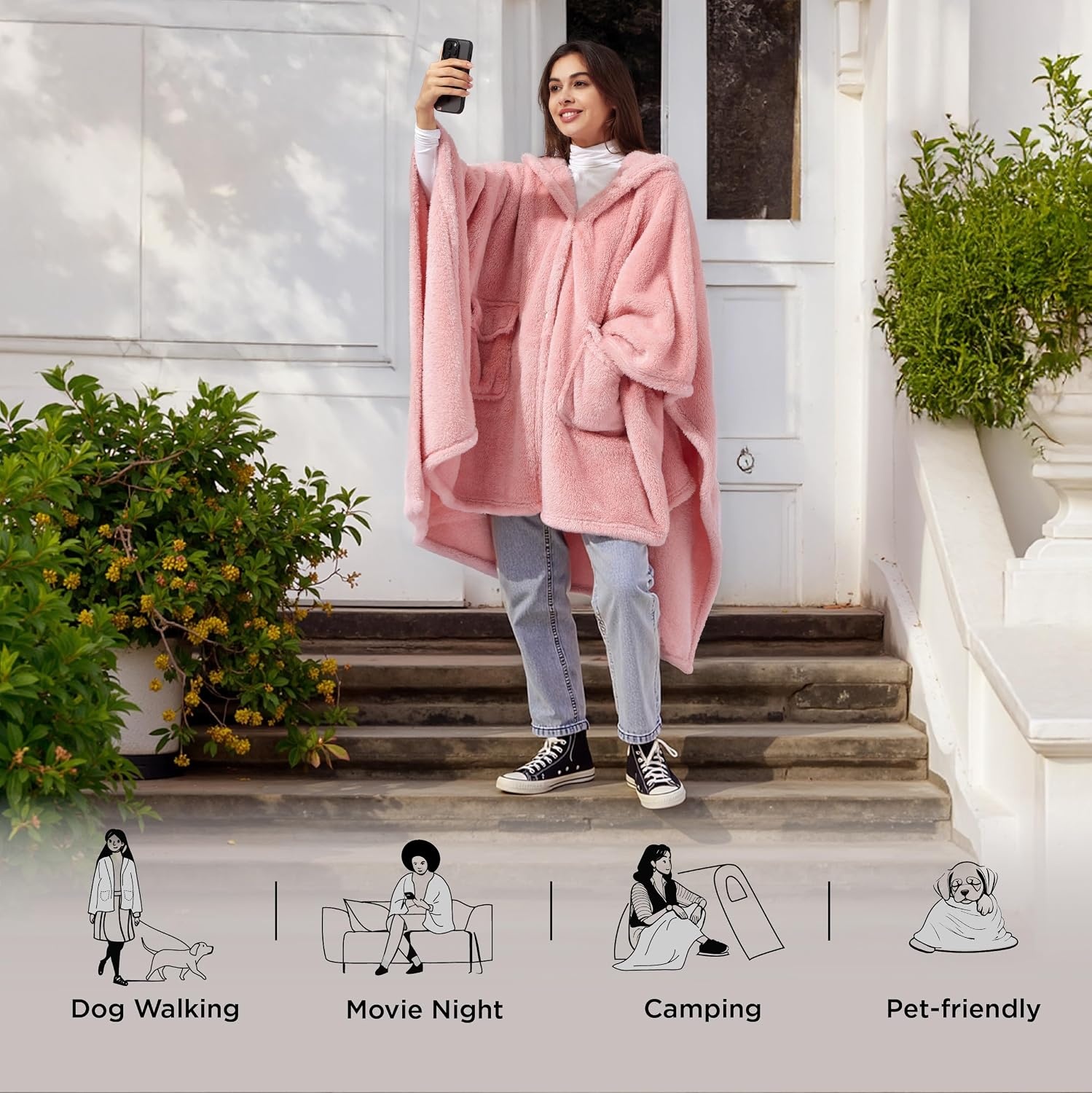 image:imageBedsure Blanket Poncho for Women Hooded Wearable Fleece Blanket for Adult Winter Poncho Shawl Wrap Cape as Gifts for Mom
