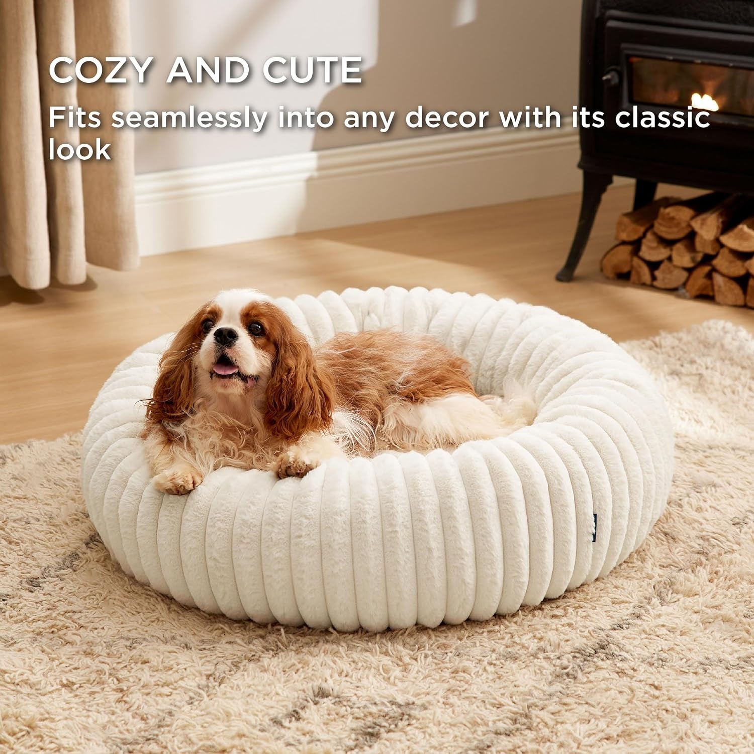 image:imageBedsure ComfyFleece Donut Dog Bed Medium Size Dog with Washable Cover 30x30x8in Calming Round Pet Bed Support Plush with Removable Corduroy Fleece for Senior DogAnti Slip BottomSandy BeigeCream