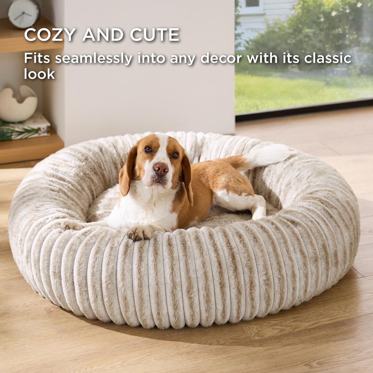 image:imageBedsure ComfyFleece Donut Dog Bed Medium Size Dog with Washable Cover 30x30x8in Calming Round Pet Bed Support Plush with Removable Corduroy Fleece for Senior DogAnti Slip BottomSandy BeigeAmphora