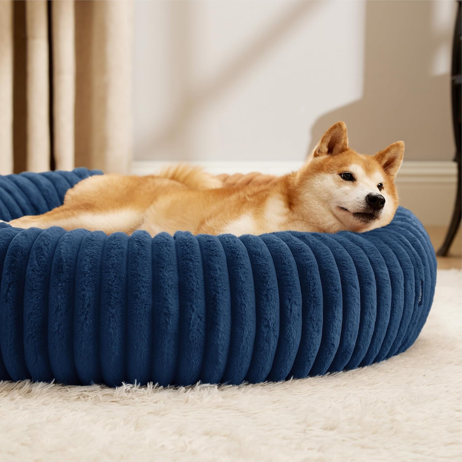 image:imageBedsure ComfyFleece Donut Dog Bed Medium Size Dog with Washable Cover 30x30x8in Calming Round Pet Bed Support Plush with Removable Corduroy Fleece for Senior DogAnti Slip BottomSandy BeigeNight Blue