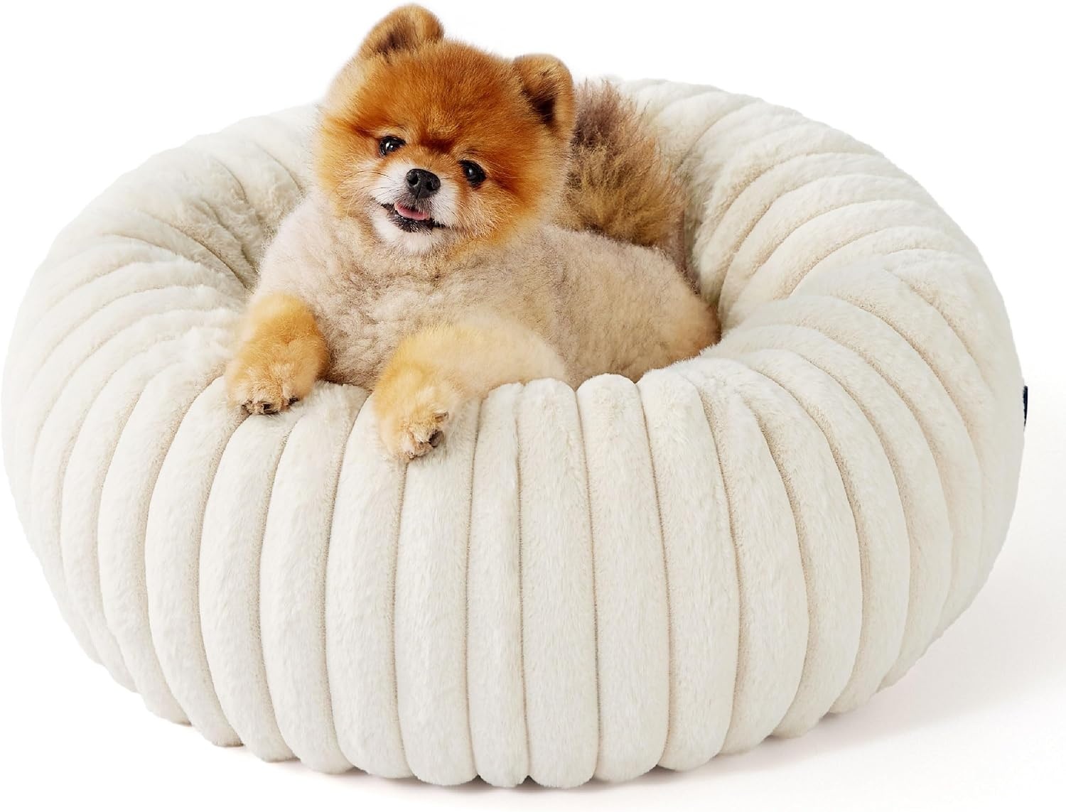 image:imageBedsure ComfyFleece Donut Dog Bed Medium Size Dog with Washable Cover 30x30x8in Calming Round Pet Bed Support Plush with Removable Corduroy Fleece for Senior DogAnti Slip BottomSandy BeigeCream