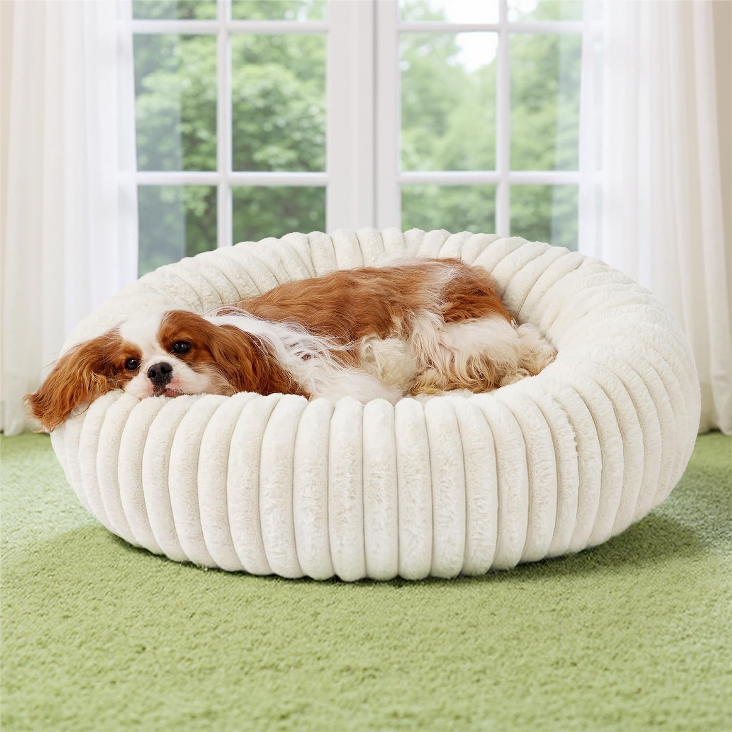 image:imageBedsure ComfyFleece Donut Dog Bed Medium Size Dog with Washable Cover 30x30x8in Calming Round Pet Bed Support Plush with Removable Corduroy Fleece for Senior DogAnti Slip BottomSandy BeigeCream