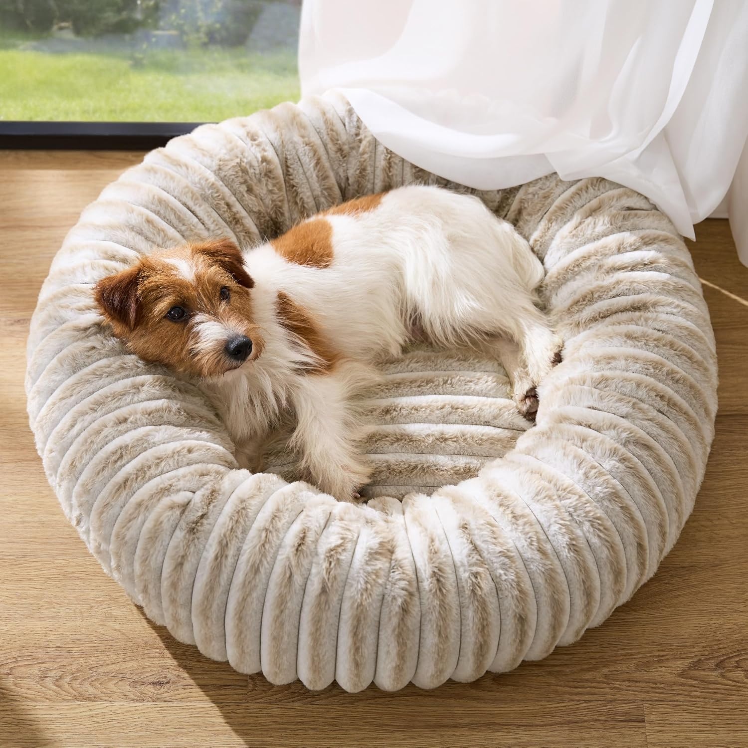 image:imageBedsure ComfyFleece Donut Dog Bed Medium Size Dog with Washable Cover 30x30x8in Calming Round Pet Bed Support Plush with Removable Corduroy Fleece for Senior DogAnti Slip BottomSandy BeigeAmphora