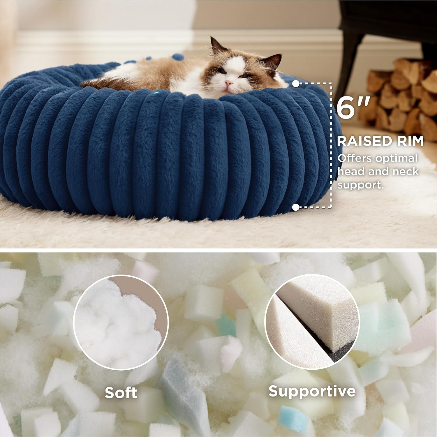 image:imageBedsure ComfyFleece Donut Dog Bed Medium Size Dog with Washable Cover 30x30x8in Calming Round Pet Bed Support Plush with Removable Corduroy Fleece for Senior DogAnti Slip BottomSandy BeigeNight Blue