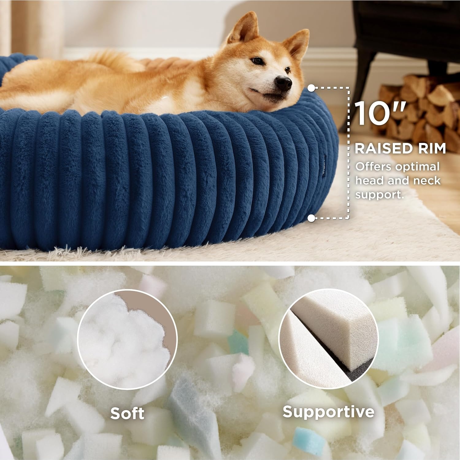 image:imageBedsure ComfyFleece Donut Dog Bed Medium Size Dog with Washable Cover 30x30x8in Calming Round Pet Bed Support Plush with Removable Corduroy Fleece for Senior DogAnti Slip BottomSandy BeigeNight Blue