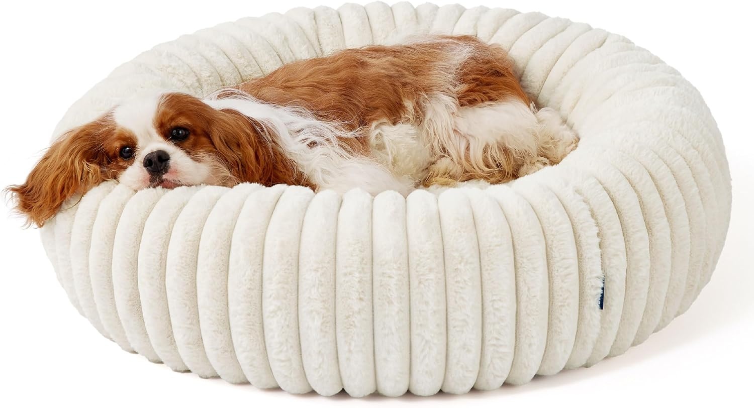 image:imageBedsure ComfyFleece Donut Dog Bed Medium Size Dog with Washable Cover 30x30x8in Calming Round Pet Bed Support Plush with Removable Corduroy Fleece for Senior DogAnti Slip BottomSandy BeigeCream