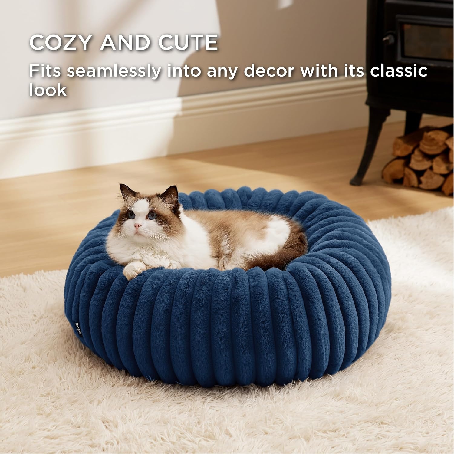 image:imageBedsure ComfyFleece Donut Dog Bed Medium Size Dog with Washable Cover 30x30x8in Calming Round Pet Bed Support Plush with Removable Corduroy Fleece for Senior DogAnti Slip BottomSandy BeigeNight Blue