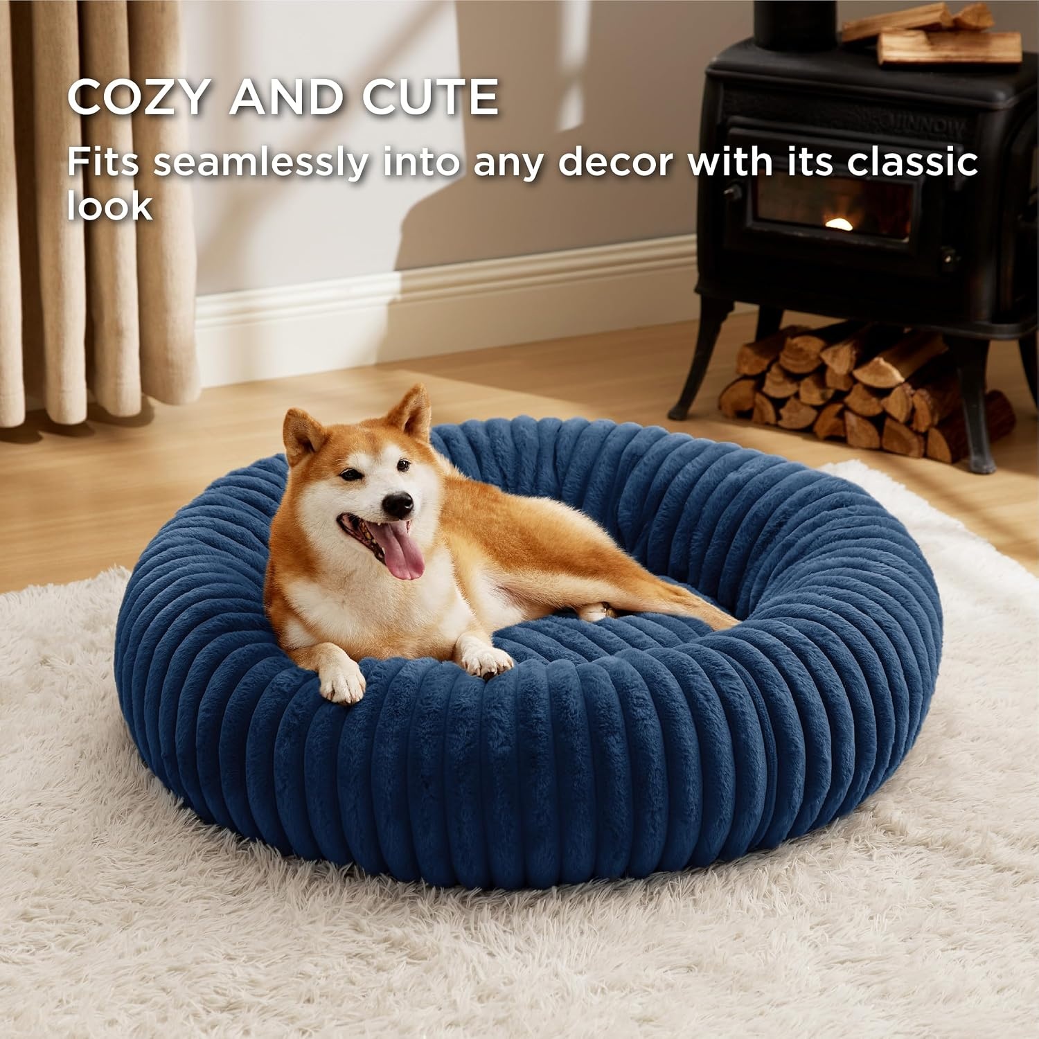 image:imageBedsure ComfyFleece Donut Dog Bed Medium Size Dog with Washable Cover 30x30x8in Calming Round Pet Bed Support Plush with Removable Corduroy Fleece for Senior DogAnti Slip BottomSandy BeigeNight Blue