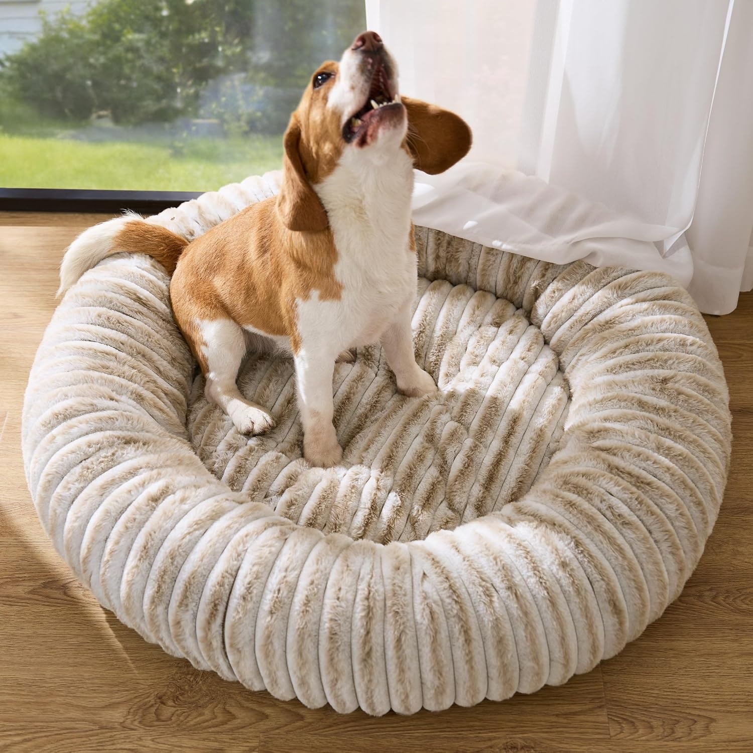image:imageBedsure ComfyFleece Donut Dog Bed Medium Size Dog with Washable Cover 30x30x8in Calming Round Pet Bed Support Plush with Removable Corduroy Fleece for Senior DogAnti Slip BottomSandy BeigeAmphora