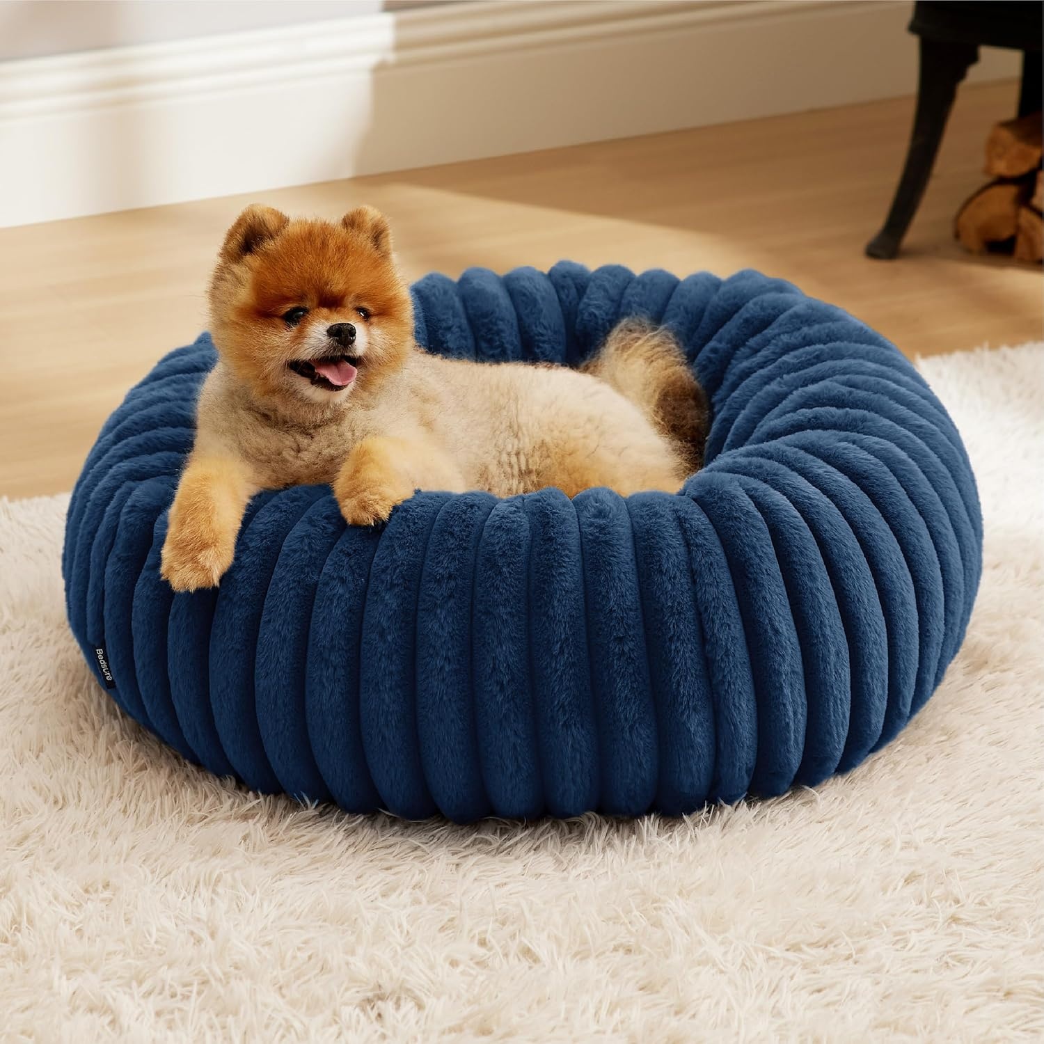 image:imageBedsure ComfyFleece Donut Dog Bed Medium Size Dog with Washable Cover 30x30x8in Calming Round Pet Bed Support Plush with Removable Corduroy Fleece for Senior DogAnti Slip BottomSandy BeigeNight Blue