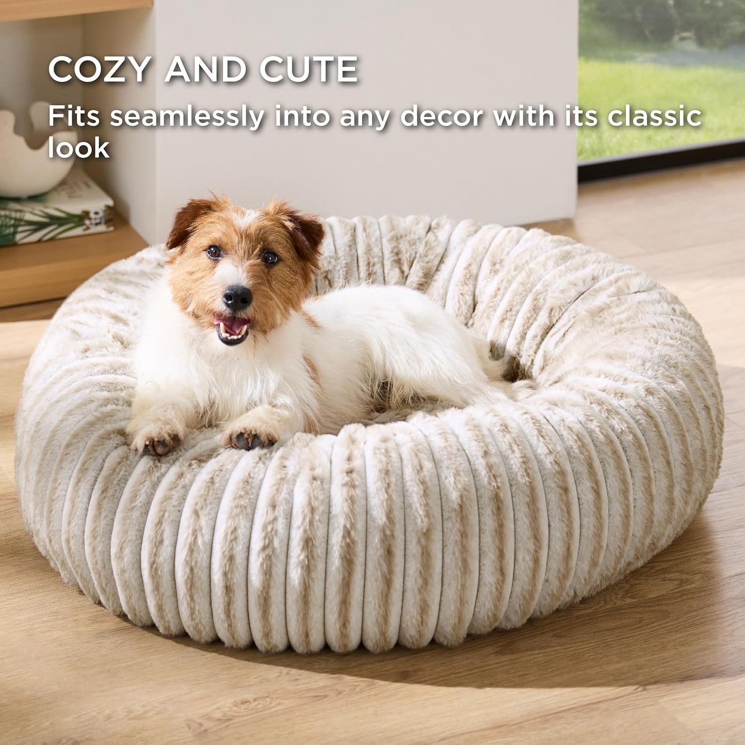 image:imageBedsure ComfyFleece Donut Dog Bed Medium Size Dog with Washable Cover 30x30x8in Calming Round Pet Bed Support Plush with Removable Corduroy Fleece for Senior DogAnti Slip BottomSandy BeigeAmphora