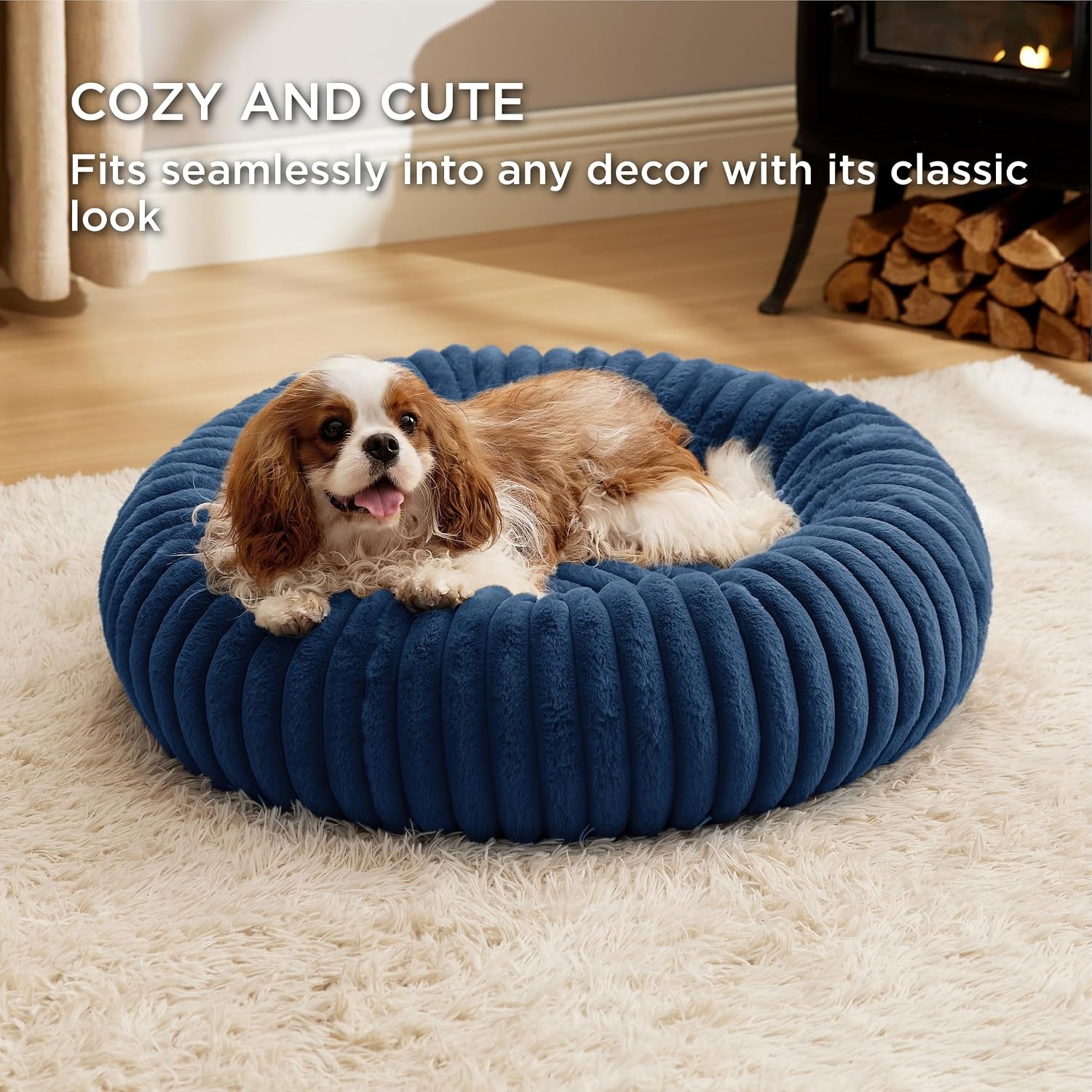 image:imageBedsure ComfyFleece Donut Dog Bed Medium Size Dog with Washable Cover 30x30x8in Calming Round Pet Bed Support Plush with Removable Corduroy Fleece for Senior DogAnti Slip BottomSandy BeigeNight Blue