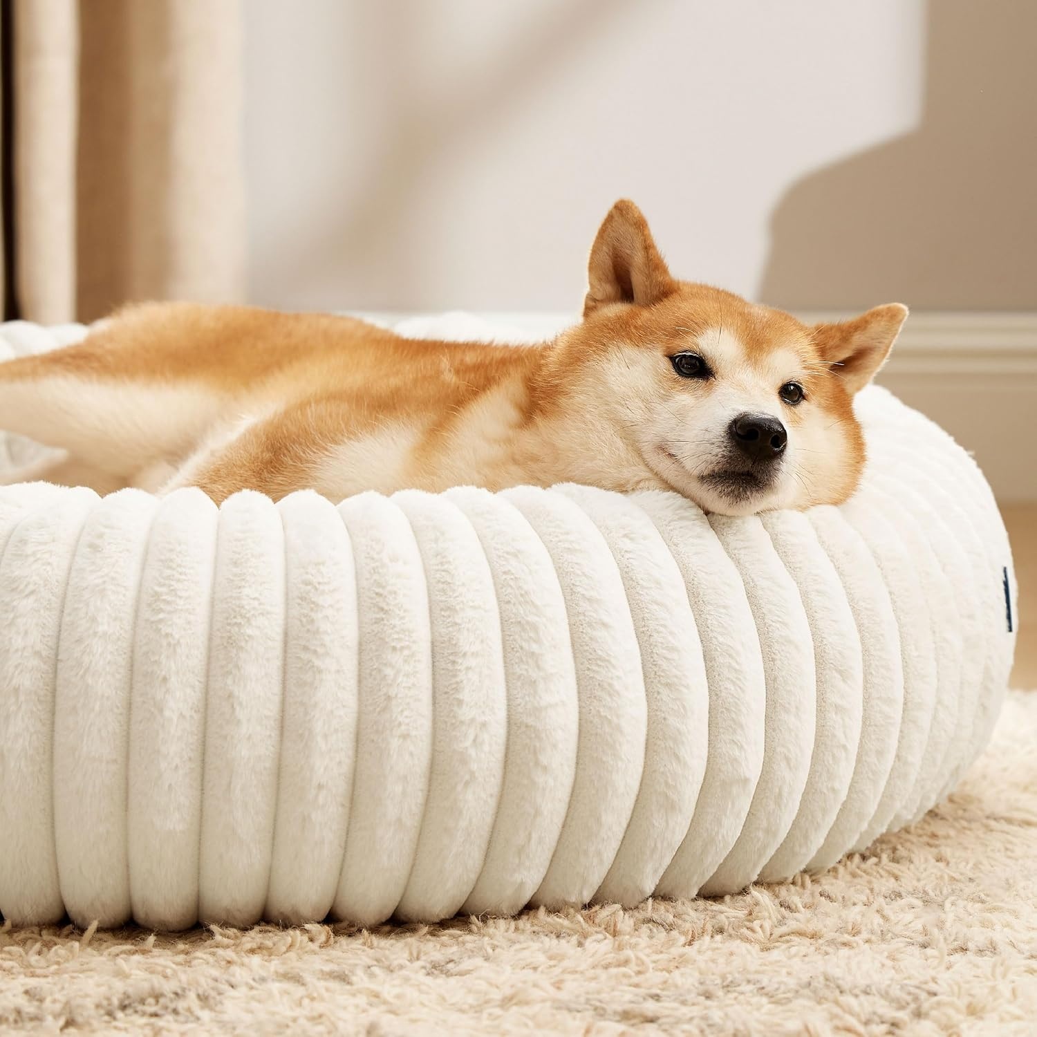 image:imageBedsure ComfyFleece Donut Dog Bed Medium Size Dog with Washable Cover 30x30x8in Calming Round Pet Bed Support Plush with Removable Corduroy Fleece for Senior DogAnti Slip BottomSandy BeigeCream