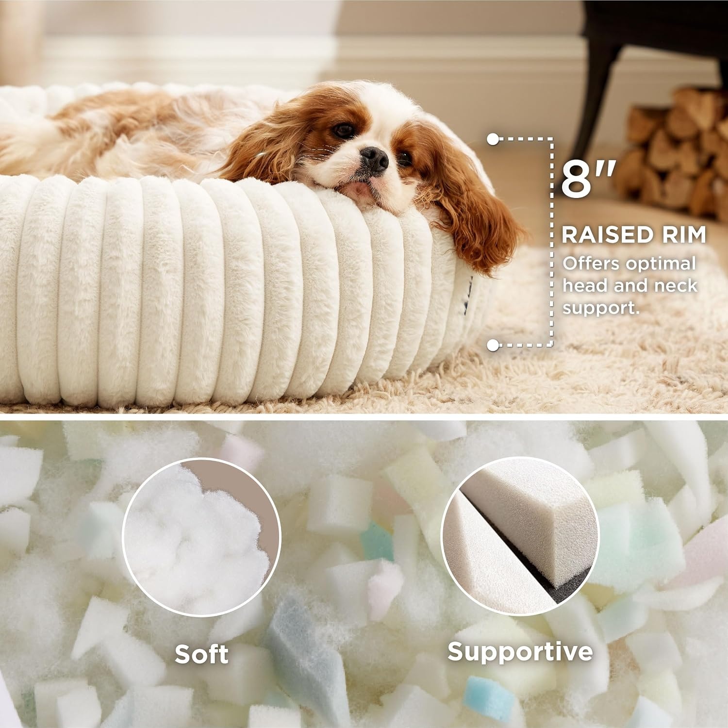image:imageBedsure ComfyFleece Donut Dog Bed Medium Size Dog with Washable Cover 30x30x8in Calming Round Pet Bed Support Plush with Removable Corduroy Fleece for Senior DogAnti Slip BottomSandy BeigeCream