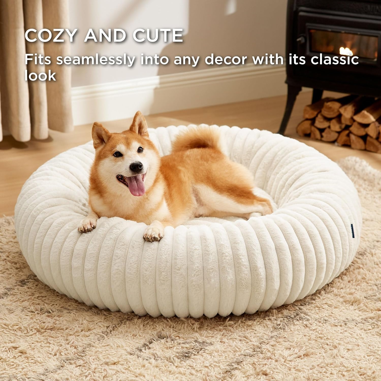 image:imageBedsure ComfyFleece Donut Dog Bed Medium Size Dog with Washable Cover 30x30x8in Calming Round Pet Bed Support Plush with Removable Corduroy Fleece for Senior DogAnti Slip BottomSandy BeigeCream