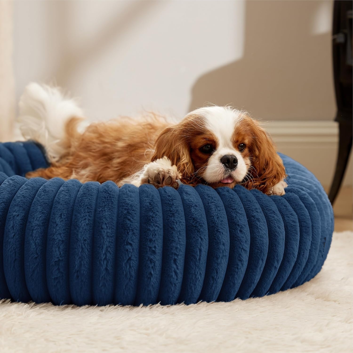 image:imageBedsure ComfyFleece Donut Dog Bed Medium Size Dog with Washable Cover 30x30x8in Calming Round Pet Bed Support Plush with Removable Corduroy Fleece for Senior DogAnti Slip BottomSandy BeigeNight Blue