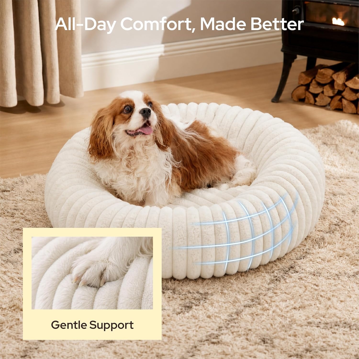 image:imageBedsure ComfyFleece Donut Dog Bed Medium Size Dog with Washable Cover 30x30x8in Calming Round Pet Bed Support Plush with Removable Corduroy Fleece for Senior DogAnti Slip BottomSandy BeigeCream