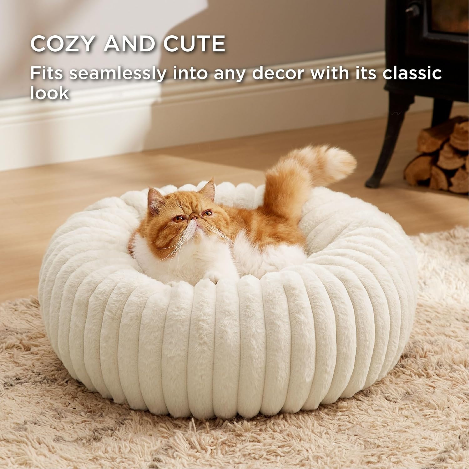 image:imageBedsure ComfyFleece Donut Dog Bed Medium Size Dog with Washable Cover 30x30x8in Calming Round Pet Bed Support Plush with Removable Corduroy Fleece for Senior DogAnti Slip BottomSandy BeigeCream