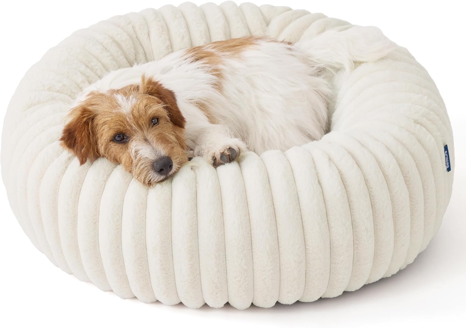 image:imageBedsure ComfyFleece Donut Dog Bed Medium Size Dog with Washable Cover 30x30x8in Calming Round Pet Bed Support Plush with Removable Corduroy Fleece for Senior DogAnti Slip BottomSandy BeigeCream