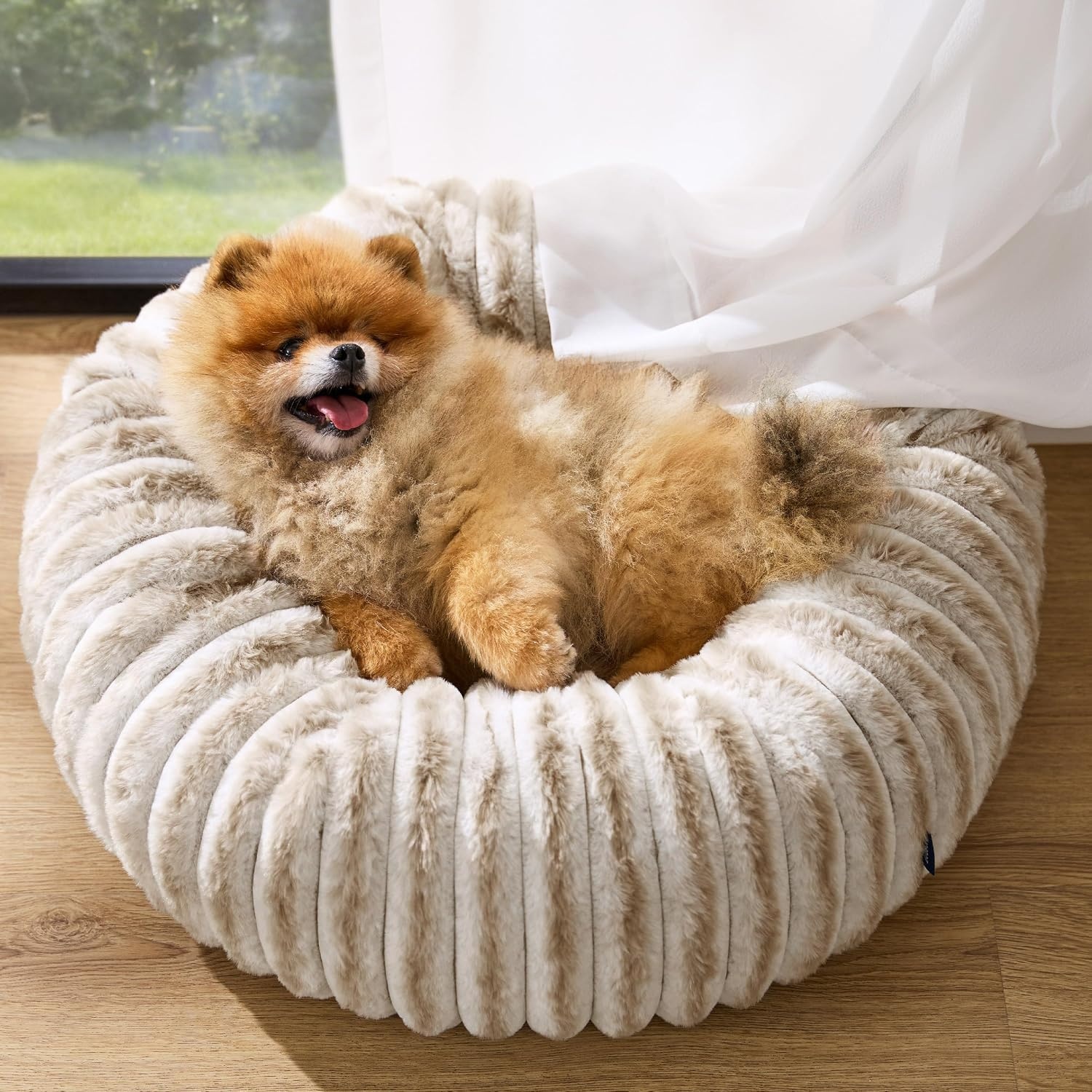 image:imageBedsure ComfyFleece Donut Dog Bed Medium Size Dog with Washable Cover 30x30x8in Calming Round Pet Bed Support Plush with Removable Corduroy Fleece for Senior DogAnti Slip BottomSandy BeigeAmphora