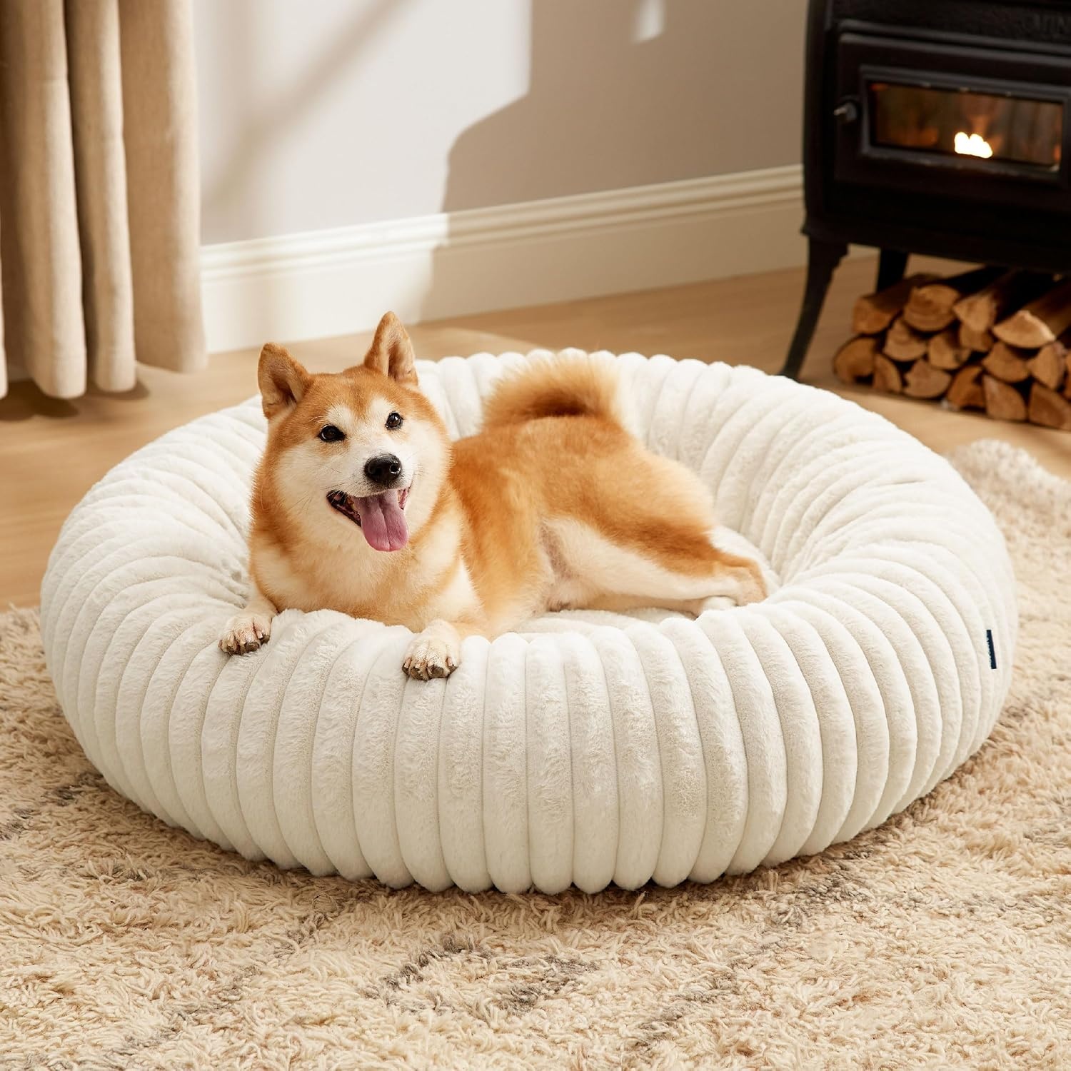 image:imageBedsure ComfyFleece Donut Dog Bed Medium Size Dog with Washable Cover 30x30x8in Calming Round Pet Bed Support Plush with Removable Corduroy Fleece for Senior DogAnti Slip BottomSandy BeigeCream