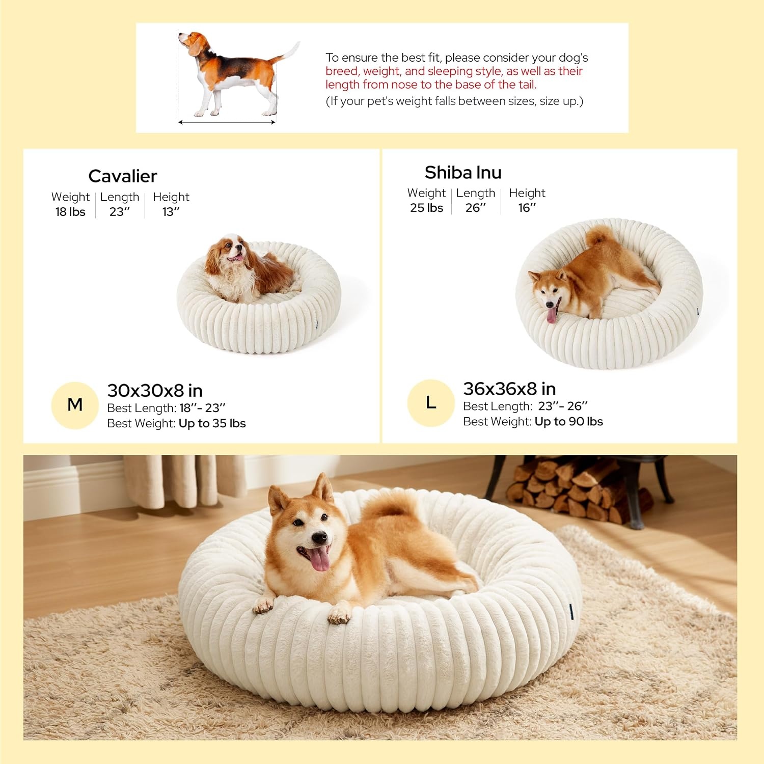 image:imageBedsure ComfyFleece Donut Dog Bed Medium Size Dog with Washable Cover 30x30x8in Calming Round Pet Bed Support Plush with Removable Corduroy Fleece for Senior DogAnti Slip BottomSandy BeigeCream