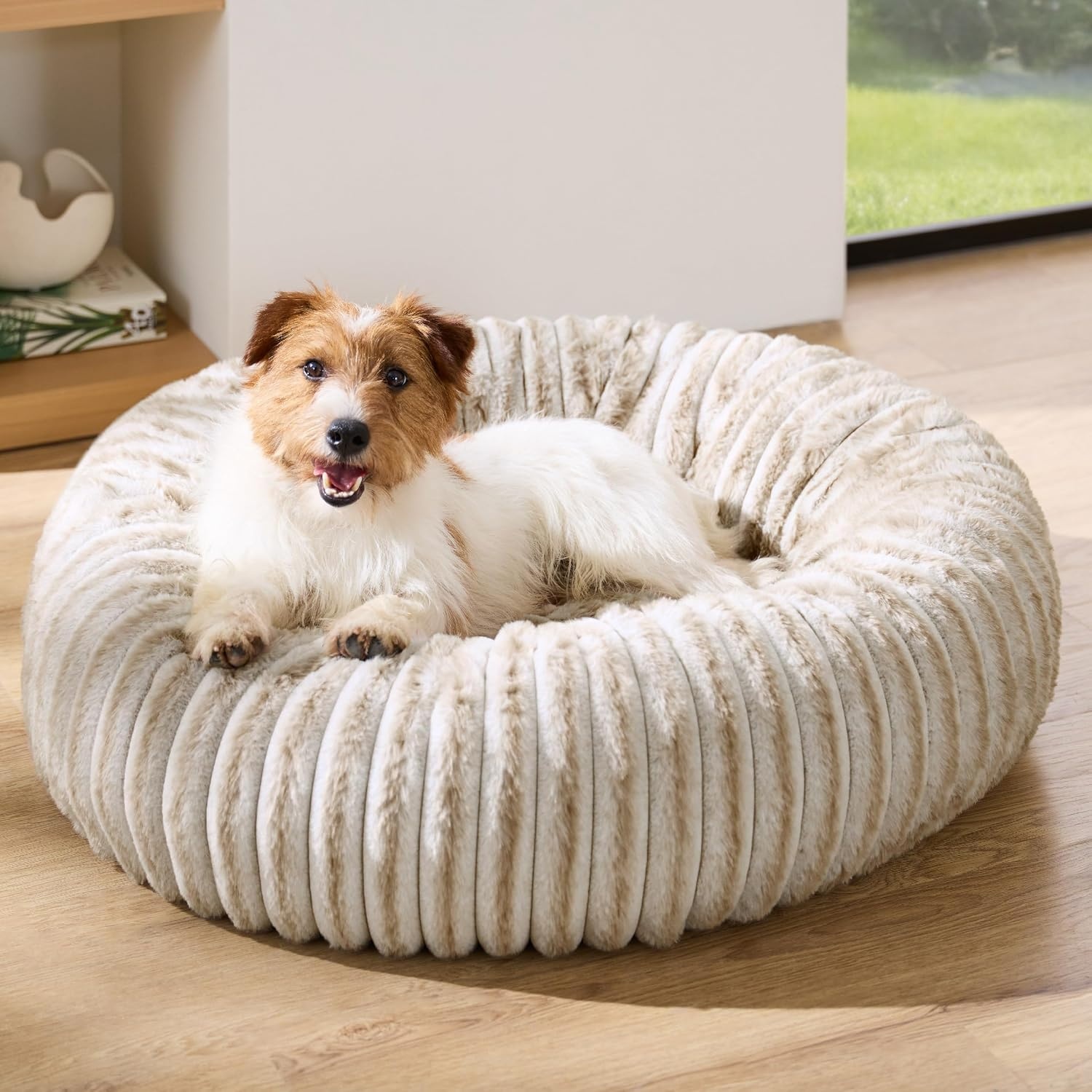 image:imageBedsure ComfyFleece Donut Dog Bed Medium Size Dog with Washable Cover 30x30x8in Calming Round Pet Bed Support Plush with Removable Corduroy Fleece for Senior DogAnti Slip BottomSandy BeigeAmphora