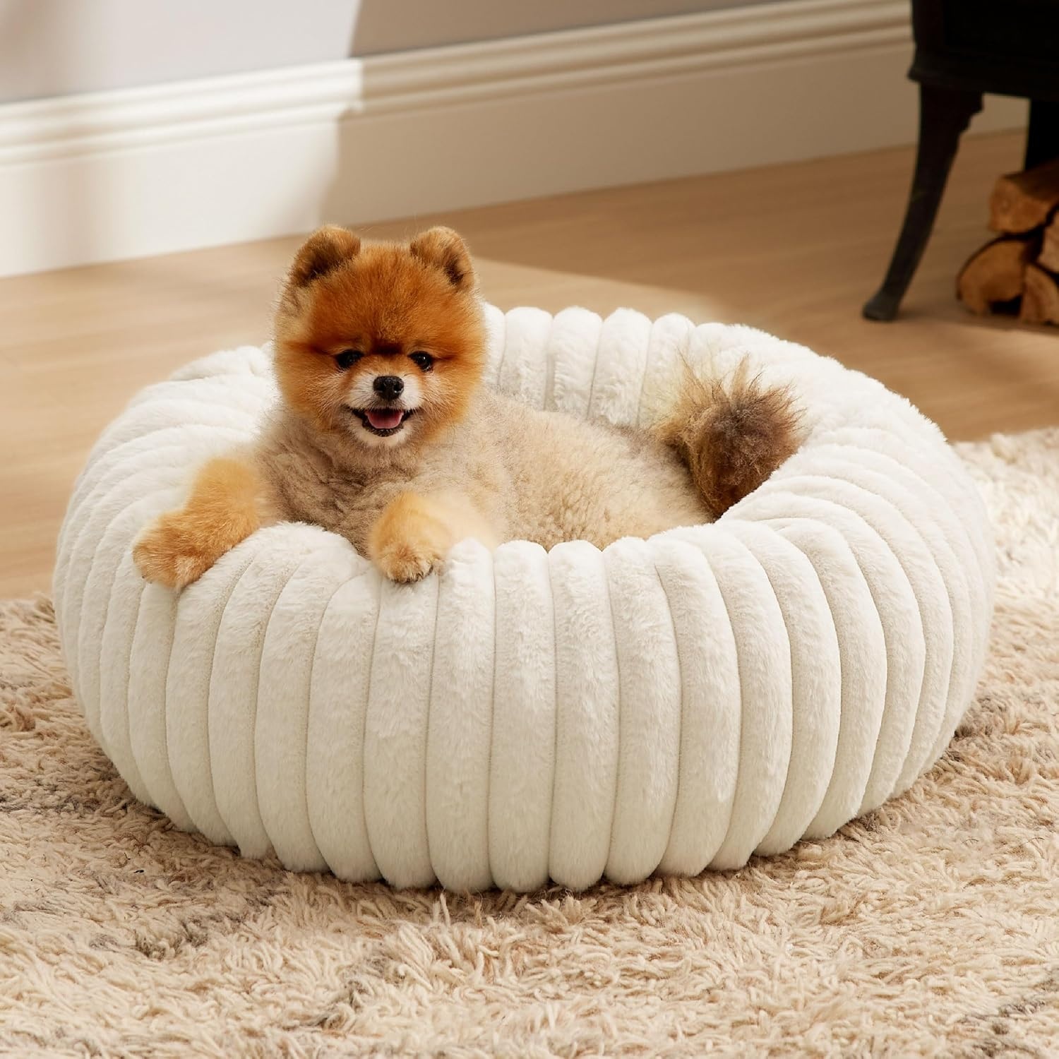 image:imageBedsure ComfyFleece Donut Dog Bed Medium Size Dog with Washable Cover 30x30x8in Calming Round Pet Bed Support Plush with Removable Corduroy Fleece for Senior DogAnti Slip BottomSandy BeigeCream