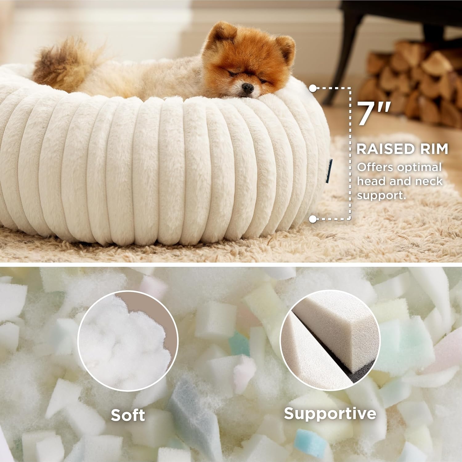 image:imageBedsure ComfyFleece Donut Dog Bed Medium Size Dog with Washable Cover 30x30x8in Calming Round Pet Bed Support Plush with Removable Corduroy Fleece for Senior DogAnti Slip BottomSandy BeigeCream