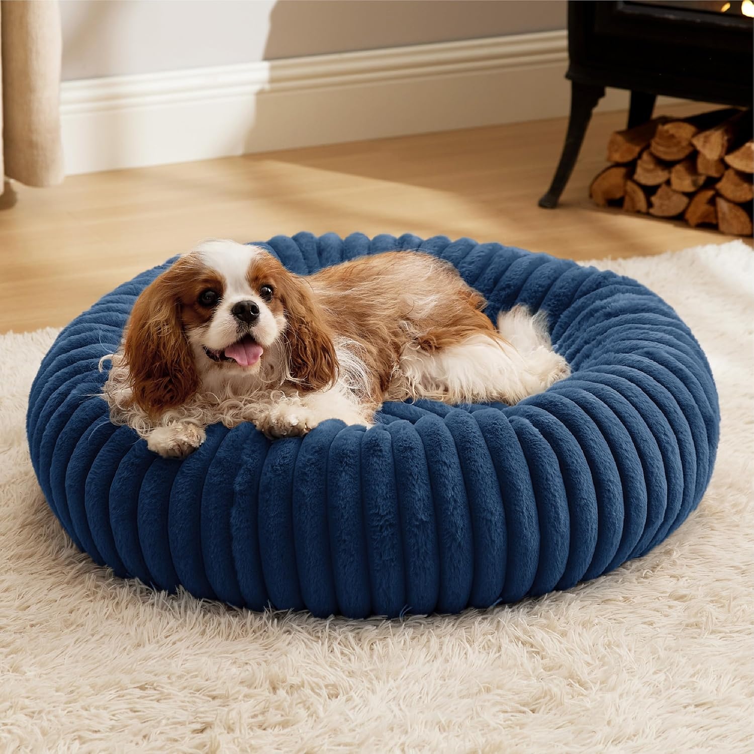 image:imageBedsure ComfyFleece Donut Dog Bed Medium Size Dog with Washable Cover 30x30x8in Calming Round Pet Bed Support Plush with Removable Corduroy Fleece for Senior DogAnti Slip BottomSandy BeigeNight Blue
