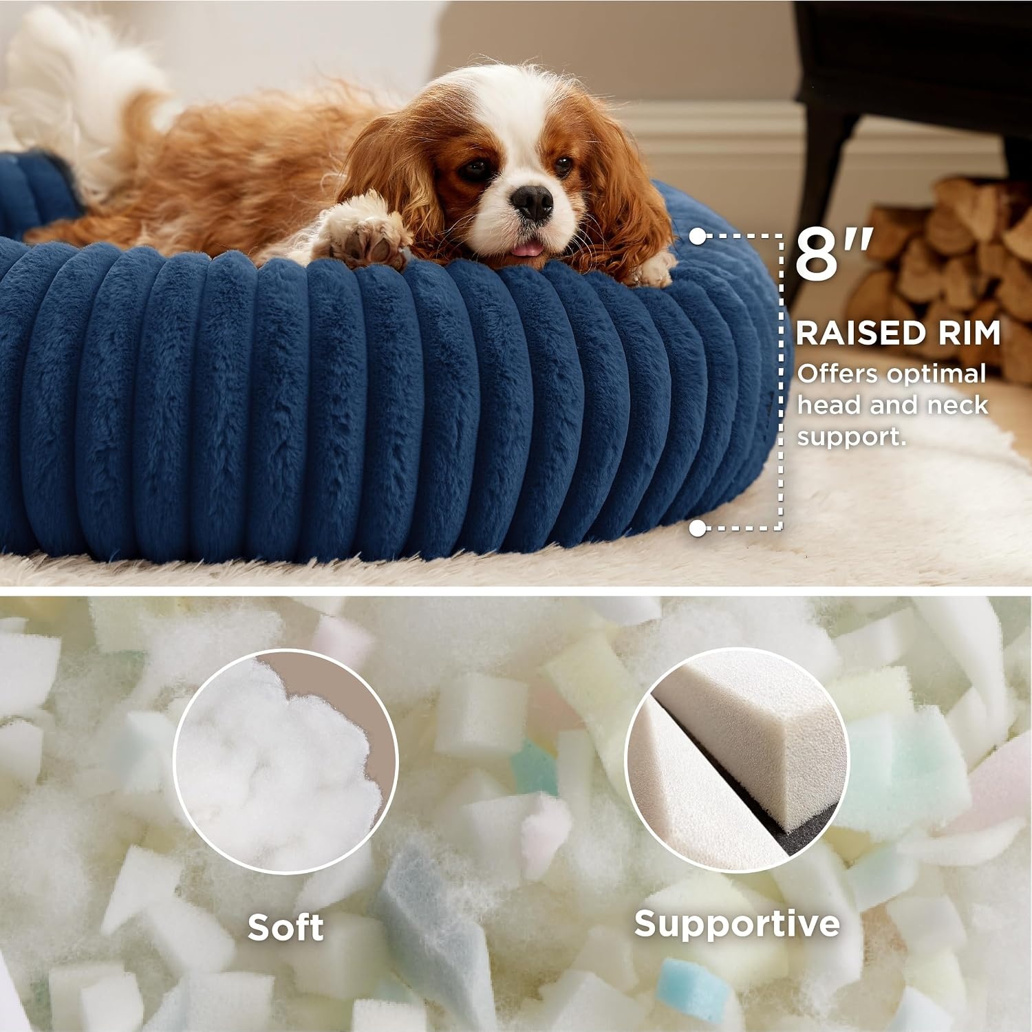 image:imageBedsure ComfyFleece Donut Dog Bed Medium Size Dog with Washable Cover 30x30x8in Calming Round Pet Bed Support Plush with Removable Corduroy Fleece for Senior DogAnti Slip BottomSandy BeigeNight Blue