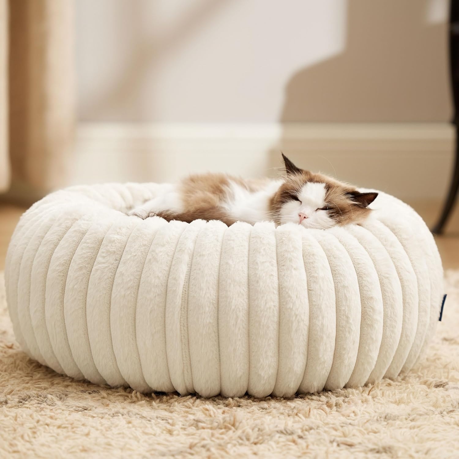 image:imageBedsure ComfyFleece Donut Dog Bed Medium Size Dog with Washable Cover 30x30x8in Calming Round Pet Bed Support Plush with Removable Corduroy Fleece for Senior DogAnti Slip BottomSandy BeigeCream
