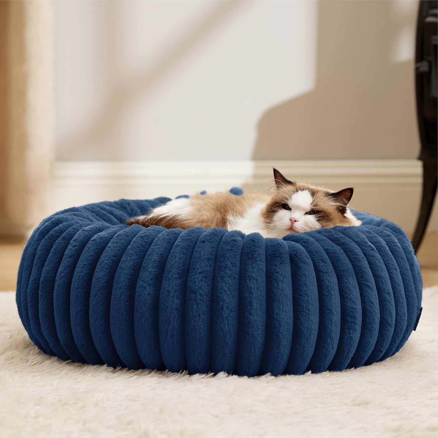 image:imageBedsure ComfyFleece Donut Dog Bed Medium Size Dog with Washable Cover 30x30x8in Calming Round Pet Bed Support Plush with Removable Corduroy Fleece for Senior DogAnti Slip BottomSandy BeigeNight Blue