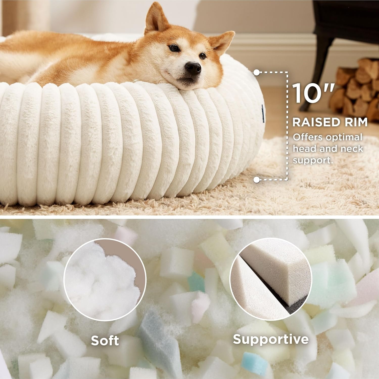 image:imageBedsure ComfyFleece Donut Dog Bed Medium Size Dog with Washable Cover 30x30x8in Calming Round Pet Bed Support Plush with Removable Corduroy Fleece for Senior DogAnti Slip BottomSandy BeigeCream