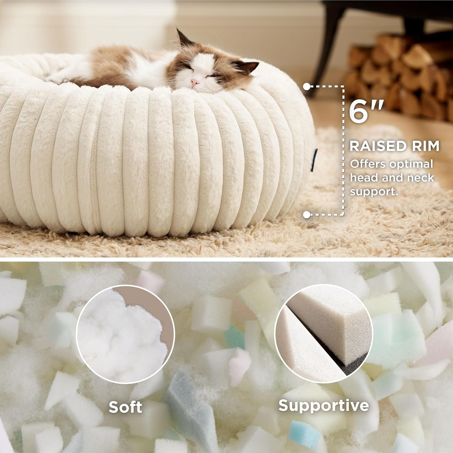 image:imageBedsure ComfyFleece Donut Dog Bed Medium Size Dog with Washable Cover 30x30x8in Calming Round Pet Bed Support Plush with Removable Corduroy Fleece for Senior DogAnti Slip BottomSandy BeigeCream