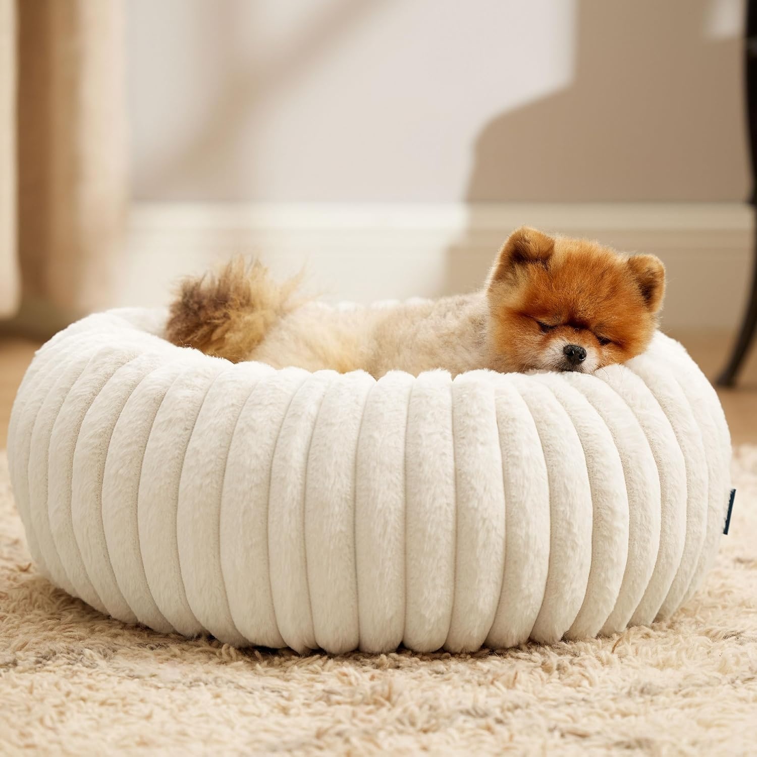 image:imageBedsure ComfyFleece Donut Dog Bed Medium Size Dog with Washable Cover 30x30x8in Calming Round Pet Bed Support Plush with Removable Corduroy Fleece for Senior DogAnti Slip BottomSandy BeigeCream