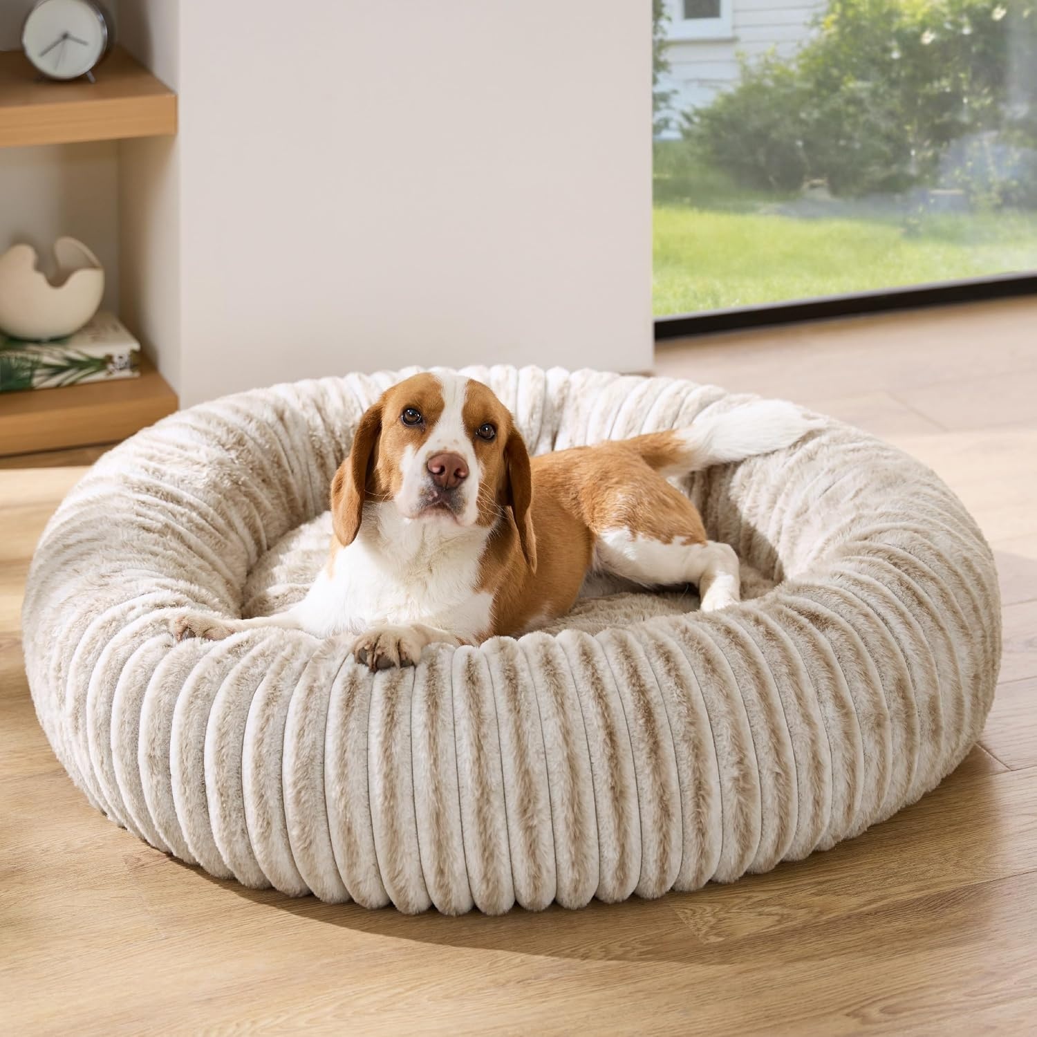 image:imageBedsure ComfyFleece Donut Dog Bed Medium Size Dog with Washable Cover 30x30x8in Calming Round Pet Bed Support Plush with Removable Corduroy Fleece for Senior DogAnti Slip BottomSandy BeigeAmphora